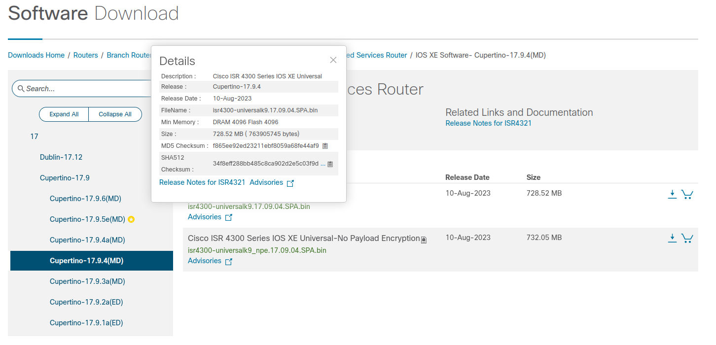 Cisco Software Download page shows image checksums when hovering over the filename