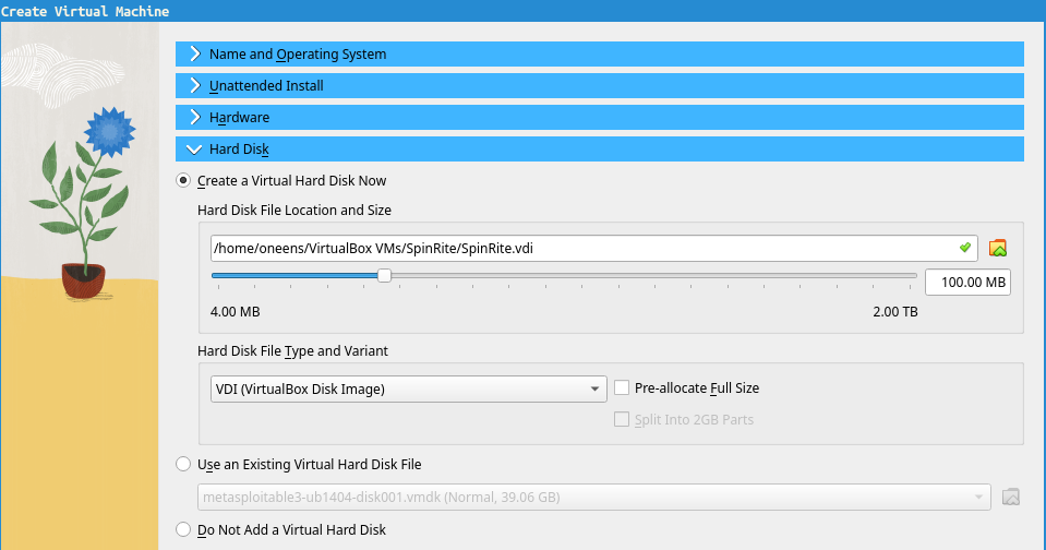 The “Hard Disk” section of the “Create Virtual Machine” wizard. It shows three
radio buttons. The upper one, “Create a Virtual Hard Disk Now”, is selected. It
is set to create a hard disk file called “SpinRite.vdi” of 100 MB.
