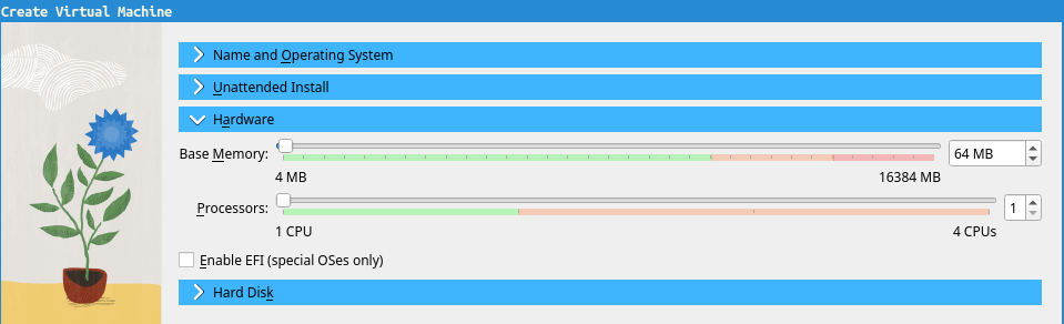 The “Hardware” section of the “Create Virtual Machine” wizard. It shows a
slider called “Base Memory” set to 64 MB and a slider called “Processors” set to
1.