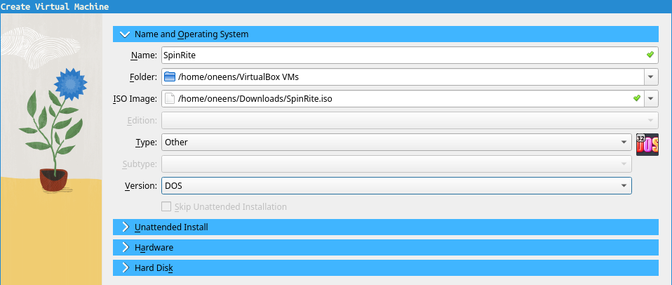 The “Name and Operating System” section of the “Create Virtual Machine”
wizard. It shows sections for putting in a name, the ISO image, the OS type and
version.