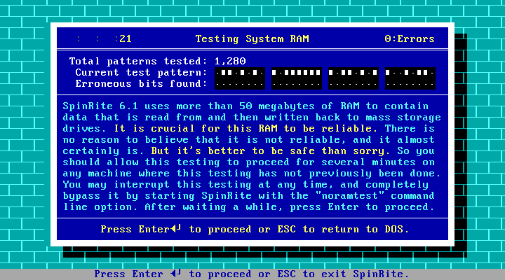 Shows the “Testing System RAM” SpinRite screen. There is text visible that
explains what this does.